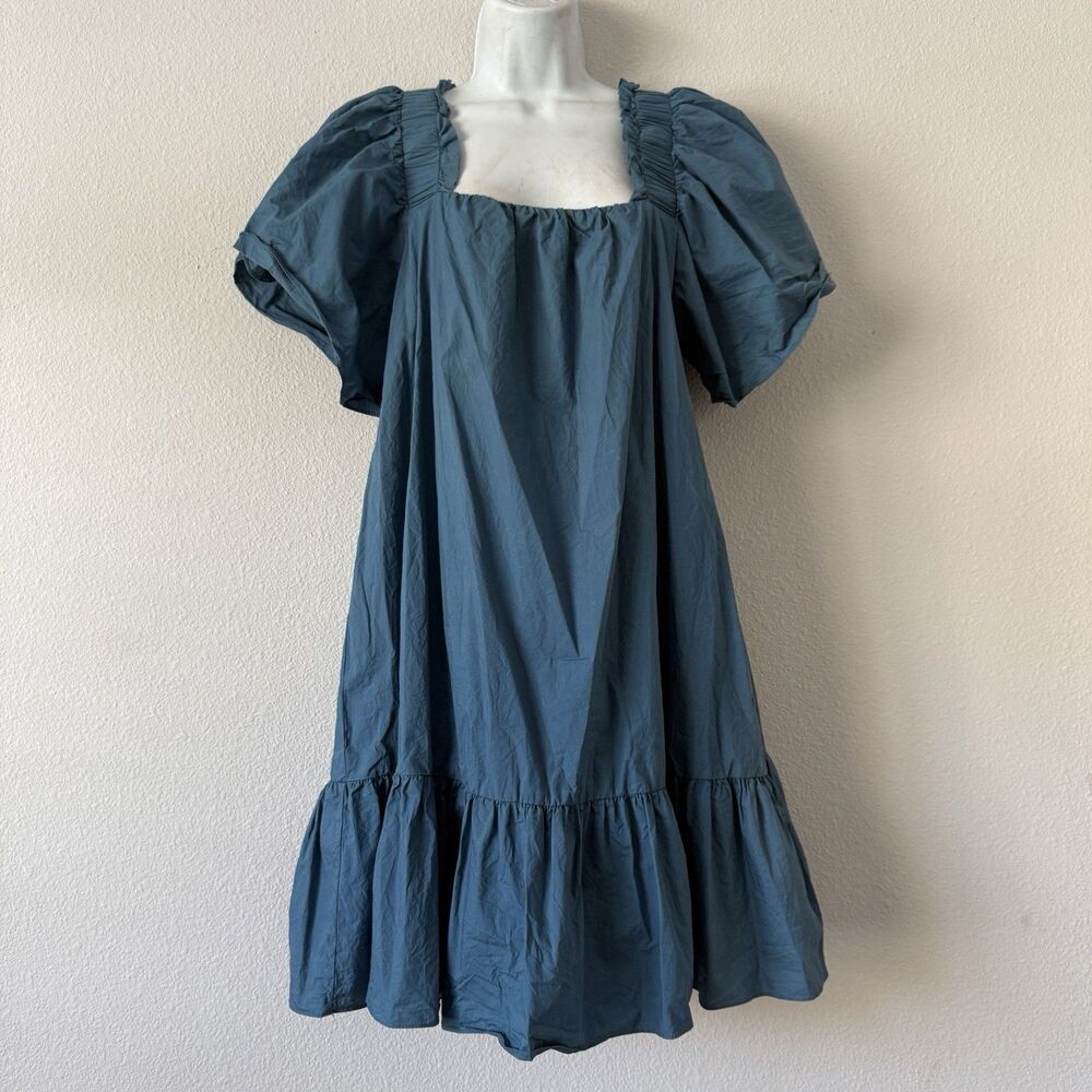 KARLIE Tiered Babydoll Dress M Teal Blue Cotton Puff Sleeve Square Neck Flounce